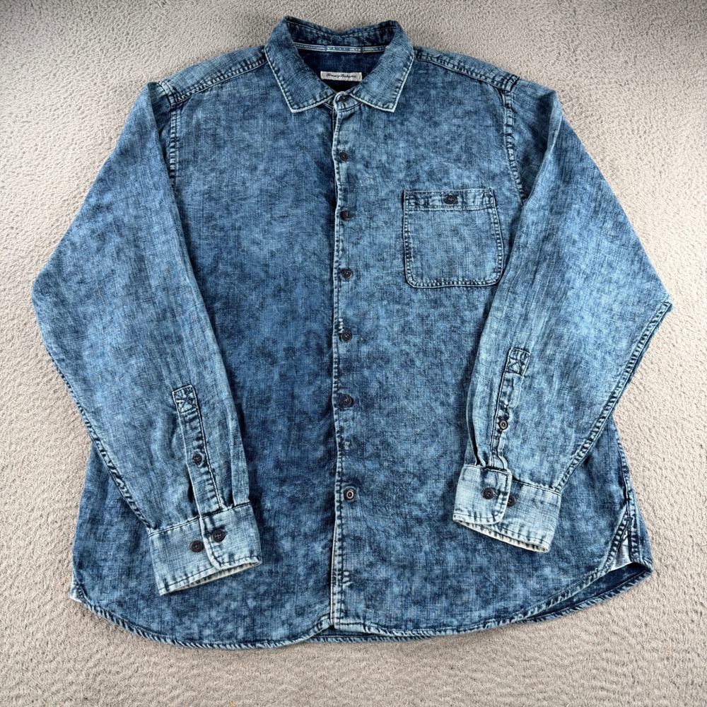 Tommy Bahama Shirt Mens XL Blue Tie Dye Denim Long Sleeve Cotton Pocket